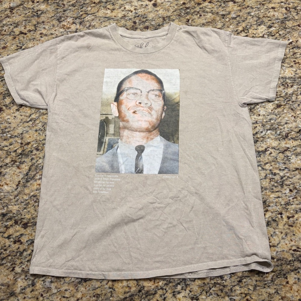 Malcolm X Graphic T-Shirt Tan Peace Freedom Quote Mens Size Medium